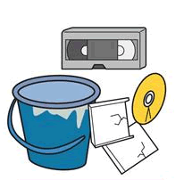 イラスト：バケツ、ビデオテープ、CD、CDケースなど
