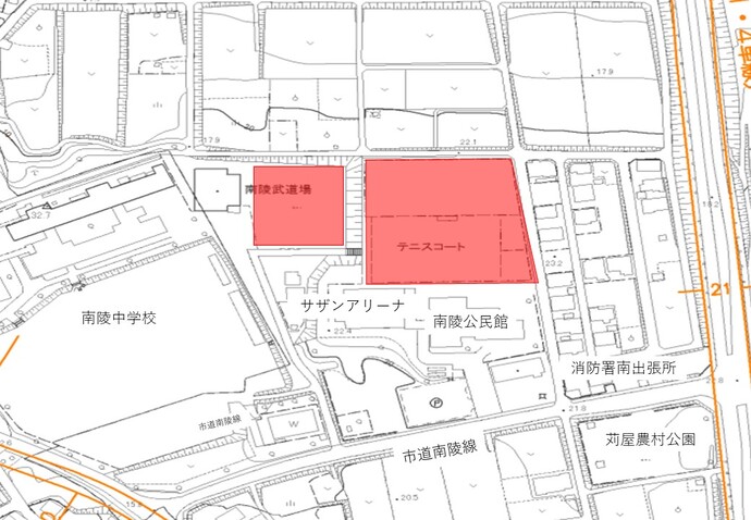 新給食センター周辺の地図、給食センター予定地には赤く着色がされている。